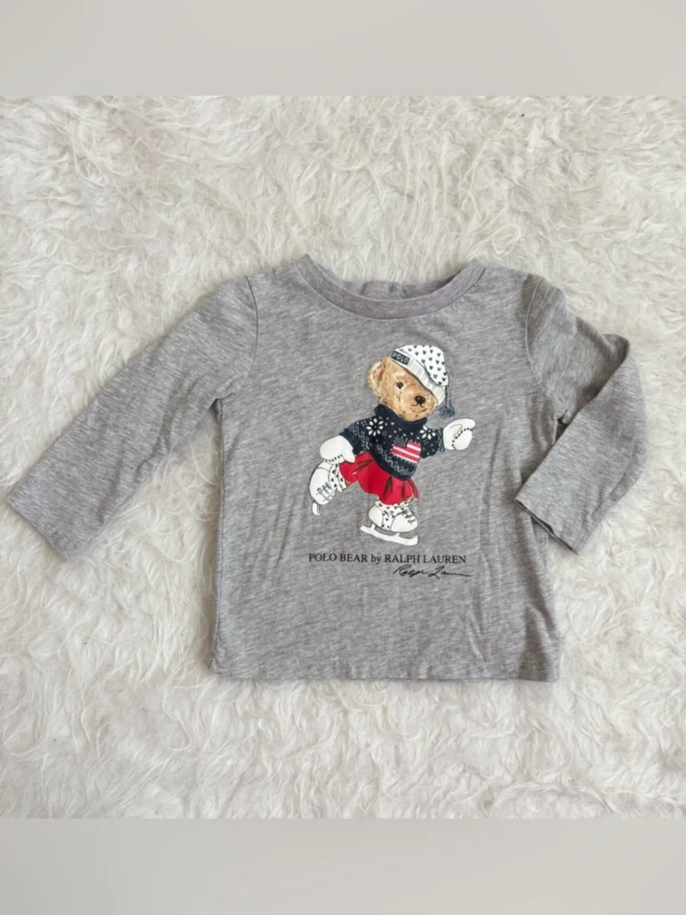 Ralph Lauren Preppy Gray Long Sleeve Iconic Festive Polo Bear Tee